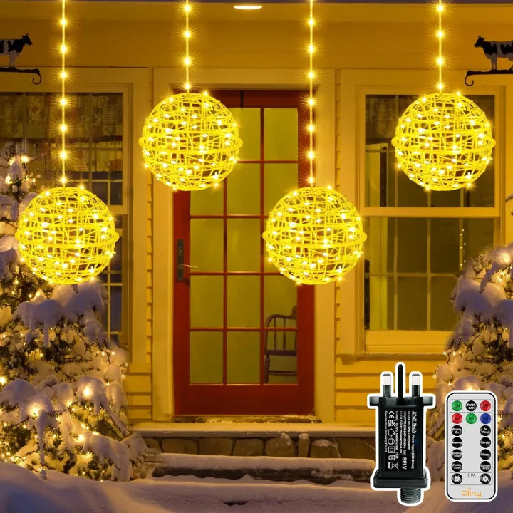 Ollny Christmas Ball Lights 4 Packs Warm White (Connectable, Plug in, IP67 Waterproof, 8 Modes)