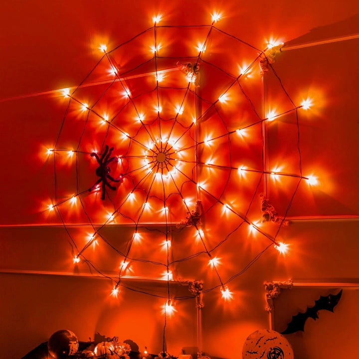 Ollny Orange Halloween Spider Web Lights (Black Cable, IP44 Waterproof, Battery Powered, 8 Modes)