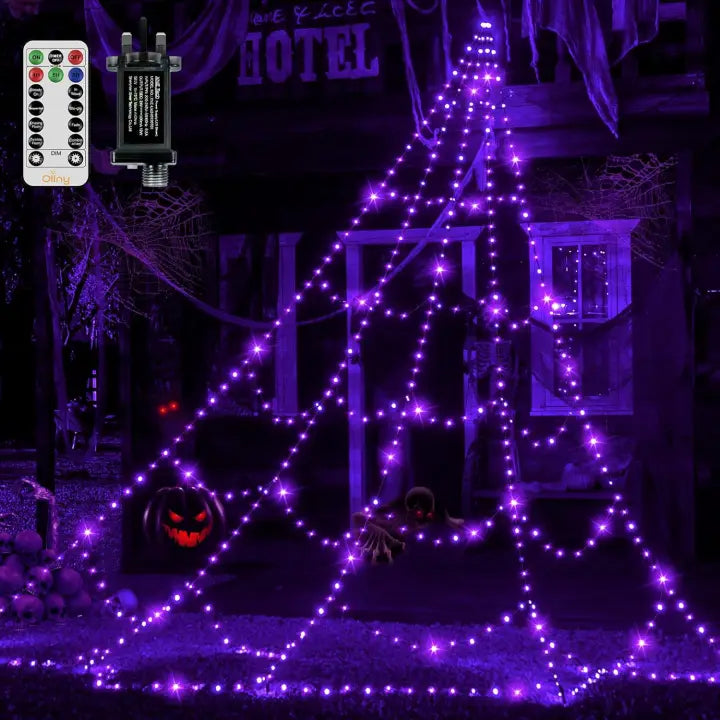 Ollny Purple Halloween Spider Web Lights 266 LED 3m (Black Cable, IP67 Waterproof, Plug in, 8 Modes)