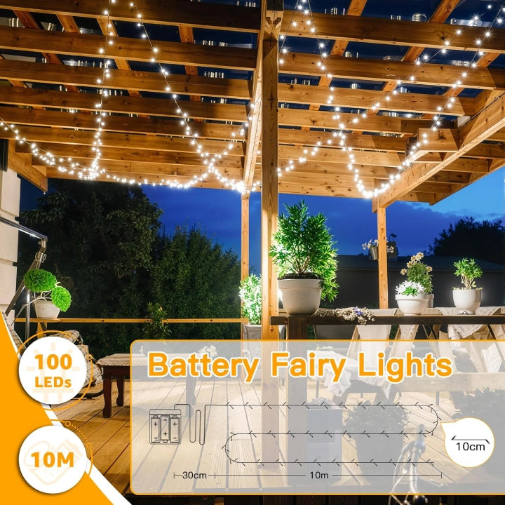 Ollny Cool White Fairy Lights 10m 100 LED(Green Cable, IP44 Waterproof, Battery Powered, 8 Modes)
