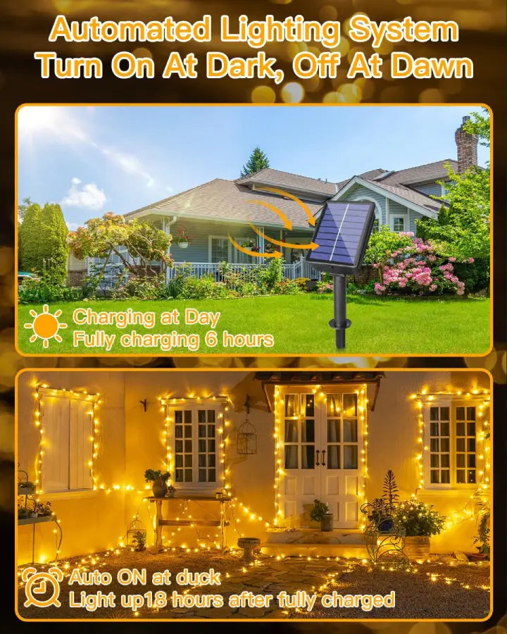 Ollny 200 LED Warm White Solar Fairy Lights 20m(Green Cable, Solar Power, 8 Modes)