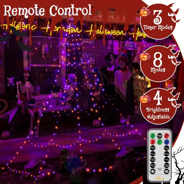 Ollny Orange and Purple Halloween Spider Web Lights (Black Cable, IP67 Waterproof, Plug in, 8 Modes)