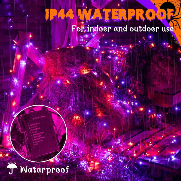 Ollny Orange and Purple Halloween String Lights 100 LED 10m (2 Packs, Green Cable, IP44 Waterproof, Battery Operated, 8 Modes)