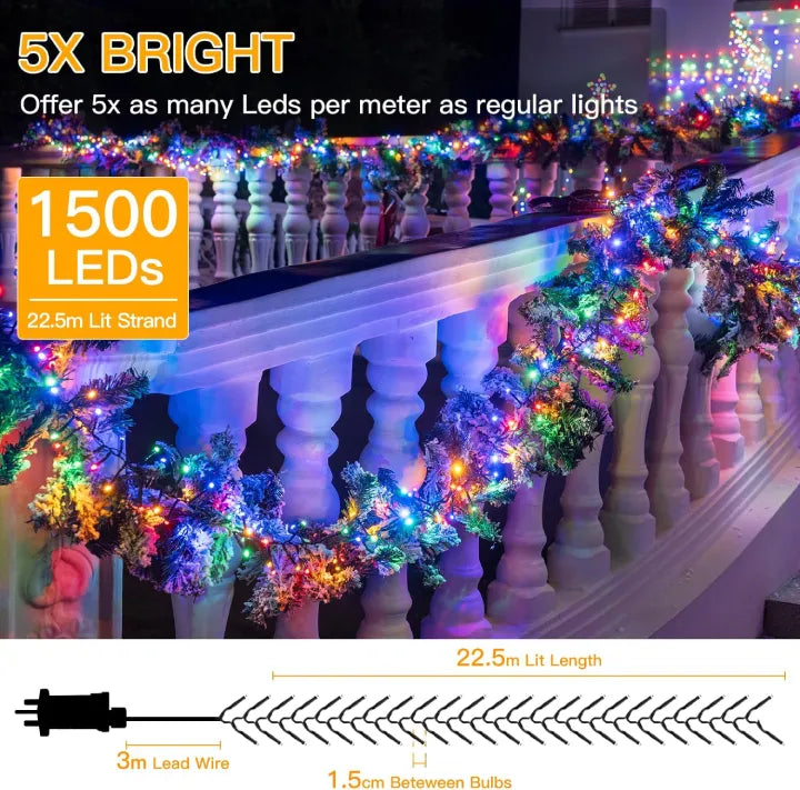 Ollny 1500 LED 22.5m Multicolour Christmas Cluster Lights (Green Cable, Plug in, 8 Modes)