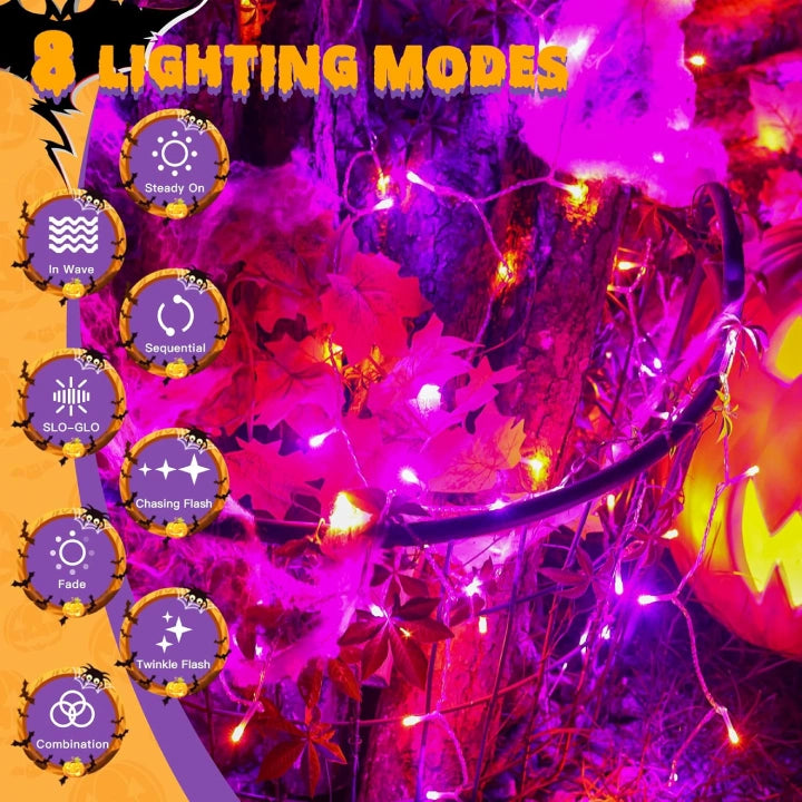 Ollny Orange and Purple Halloween String Lights 100 LED 10m (Clear Cable, IP44 Waterproof, Battery Operated, 8 Modes)