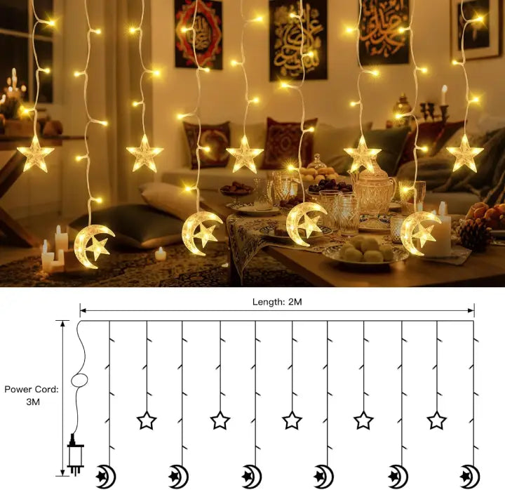 Ollny Moon Star Ramadan Fairy Lights Warm White (Plug in, IP44 Waterproof, 8 Modes)