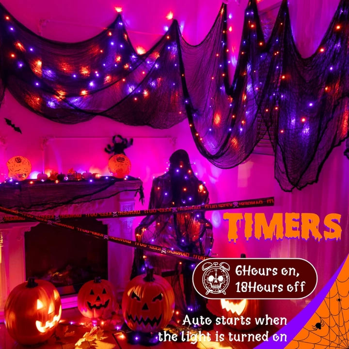Ollny Orange and Purple Halloween String Lights 100 LED 10m (2 Packs, Green Cable, IP44 Waterproof, Battery Operated, 8 Modes)