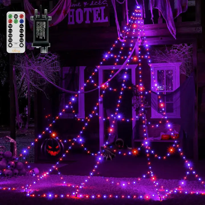 Ollny Orange and Purple Halloween Spider Web Lights (Black Cable, IP67 Waterproof, Plug in, 8 Modes)