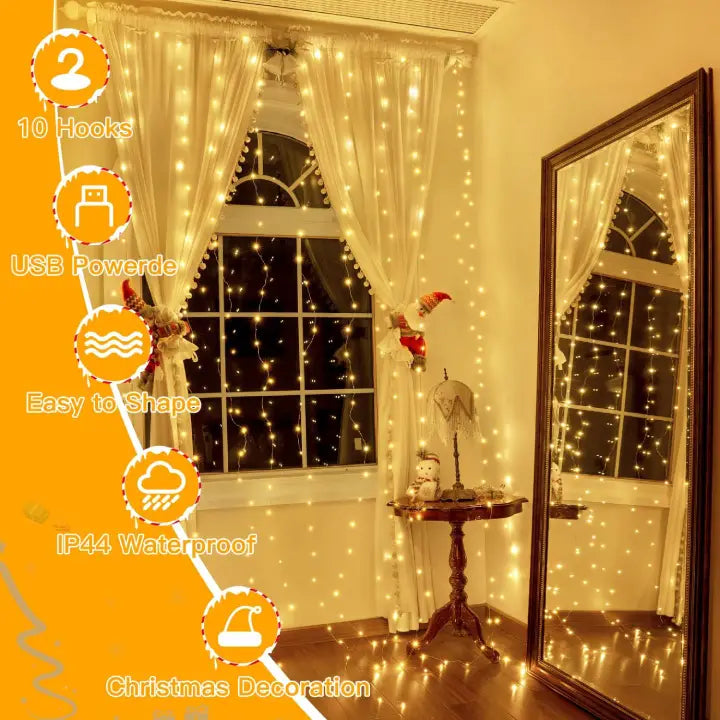 Ollny 300 LED 3m*3m USB Curtain Fairy Lights With Hooks Warm White