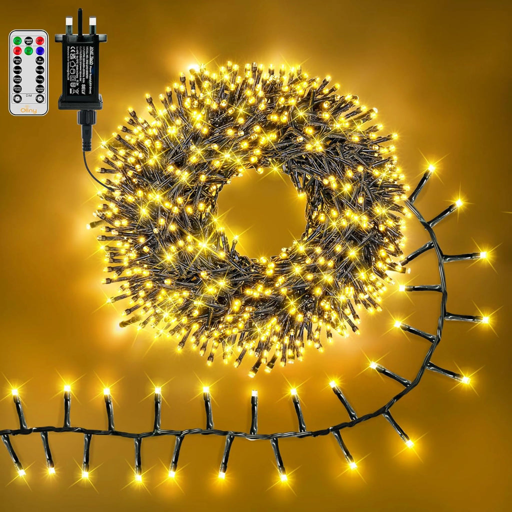 Ollny 1000 LED 15m Warm White Christmas Cluster Lights (Green Cable, Plug in, 8 Modes)