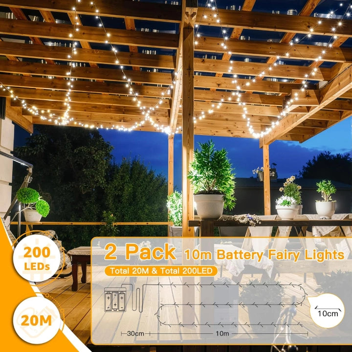 Ollny Cool White Fairy Lights 10m 100 LED(Green Cable, IP44 Waterproof, Battery Powered, 8 Modes)