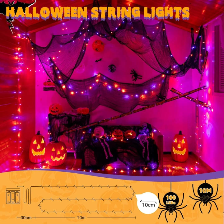 Ollny Orange and Purple Halloween String Lights 100 LED 10m (Clear Cable, IP44 Waterproof, Battery Operated, 8 Modes)