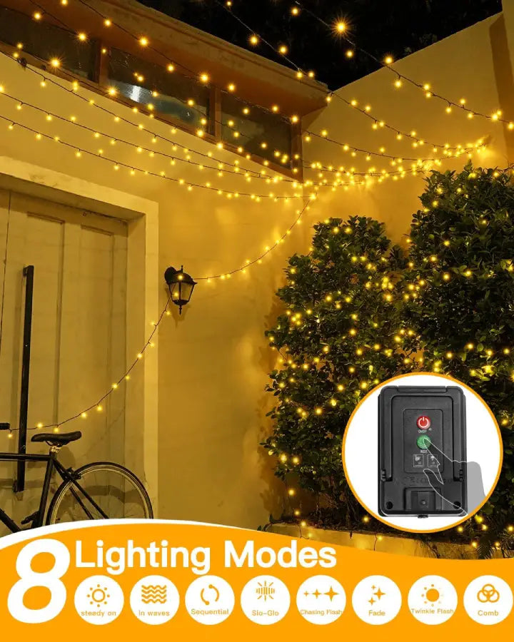 Ollny 200 LED Warm White Solar Fairy Lights 20m(Green Cable, Solar Power, 8 Modes)
