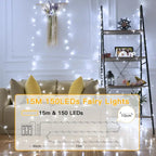 Ollny 150 LED Cool White Battery Operated Christmas Fairy Lights (Clear Cable, IP44 Waterproof)