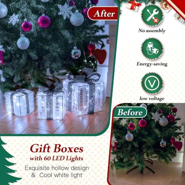 Ollny Light Up Present Boxes Cool White for Christmas(60 LED, 3 Sets, Plug in, 8 Modes)