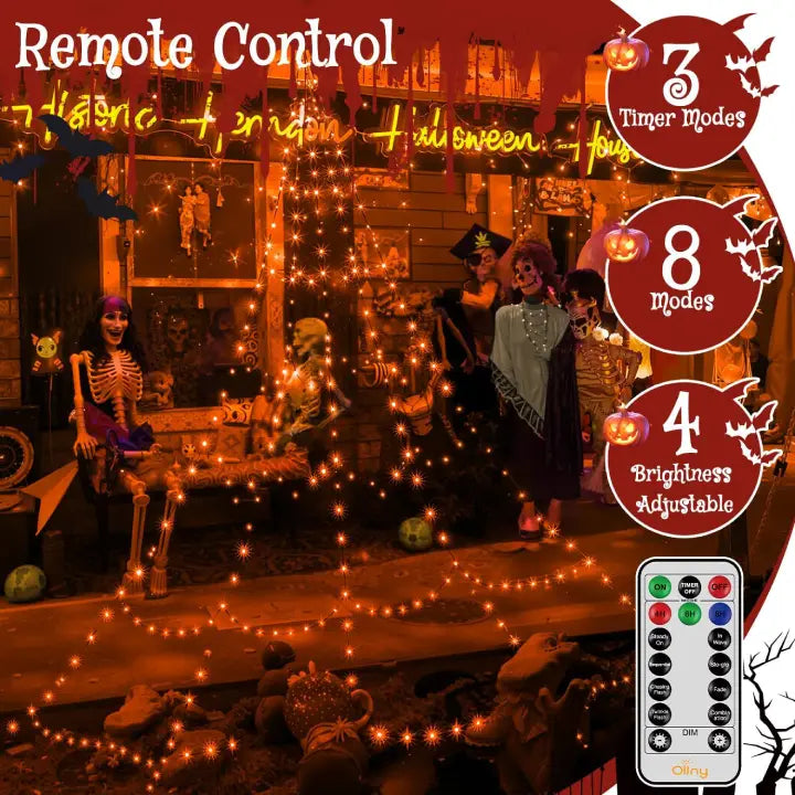 Ollny Orange Halloween Spider Net Lights 454 LED 5m (Black Cable, IP67 Waterproof, Plug in, 8 Modes)