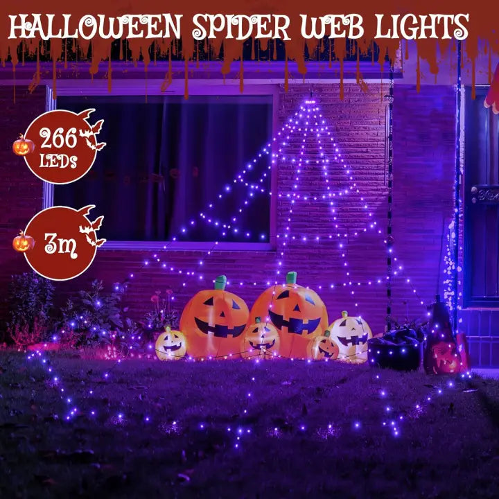 Ollny Purple Halloween Spider Web Lights 266 LED 3m (Black Cable, IP67 Waterproof, Plug in, 8 Modes)