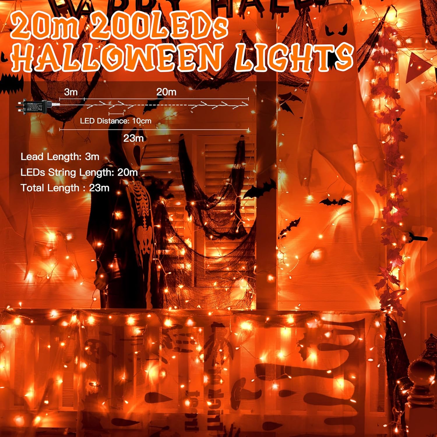 Ollny Orange Halloween String Lights (Clear Cable, Plug in, 8 Modes)