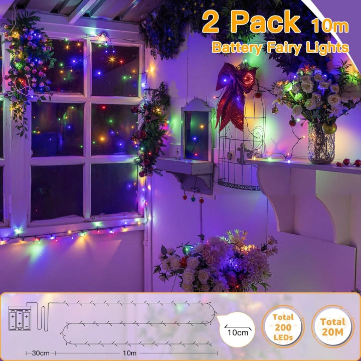 Ollny Multicolor Fairy Lights 10m 100 LED(Green Cable, IP44 Waterproof, Battery Powered, 8 Modes)