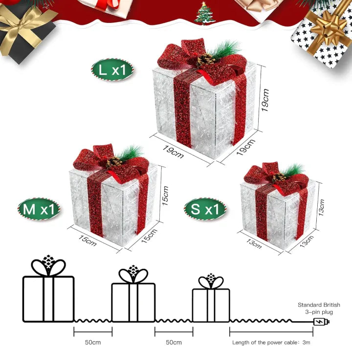 Ollny Light Up Present Boxes Warm White for Christmas (60 LED, 3 Sets, Plug in, 8 Modes)