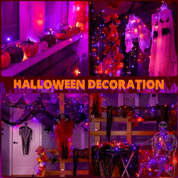 Ollny Orange and Purple Halloween String Lights 100 LED 10m (2 Packs, Green Cable, IP44 Waterproof, Battery Operated, 8 Modes)