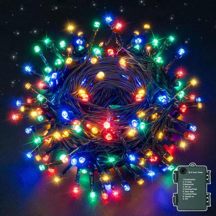 Ollny Multicolor Fairy Lights 10m 100 LED(Green Cable, IP44 Waterproof, Battery Powered, 8 Modes)