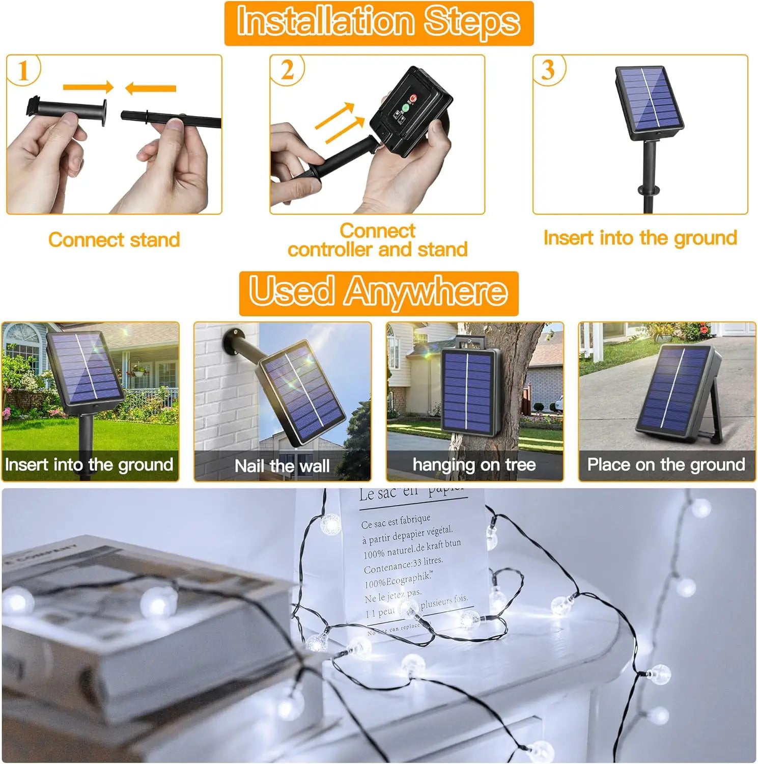 Ollny Cool White Globe Solar Lights(Green Cable, Solar Power, 8 Modes)