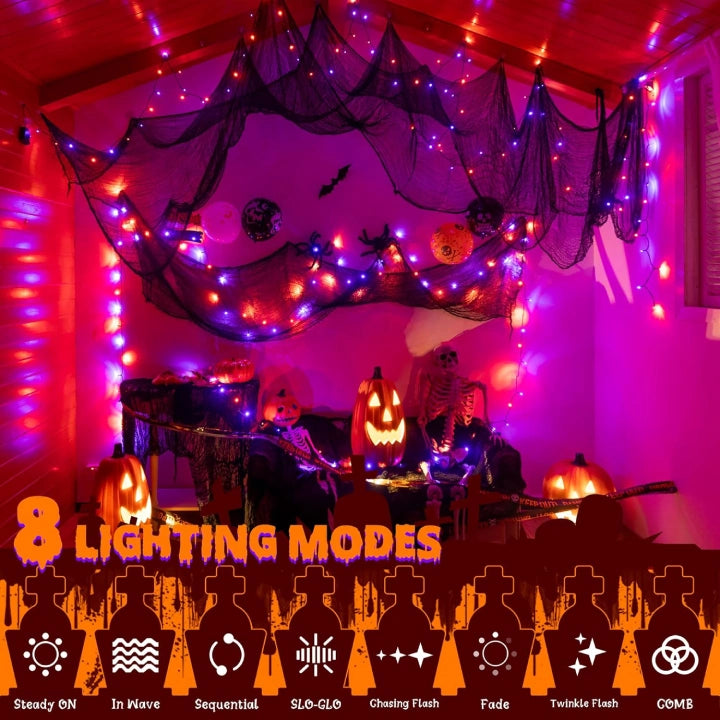 Ollny Orange and Purple Halloween String Lights 100 LED 10m (2 Packs, Green Cable, IP44 Waterproof, Battery Operated, 8 Modes)