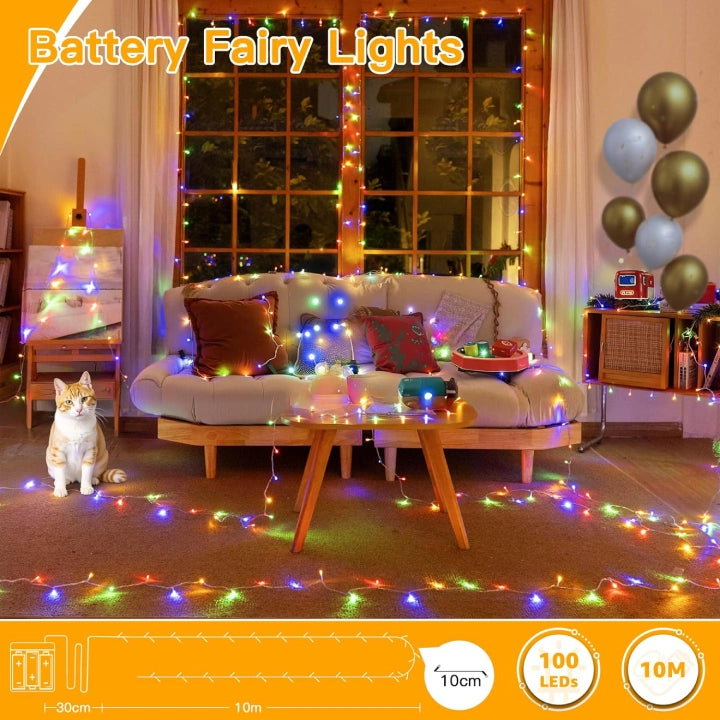 Ollny Multicolor Fairy Lights (Clear Cable, IP44 Waterproof, Battery Powered, 8 Modes)