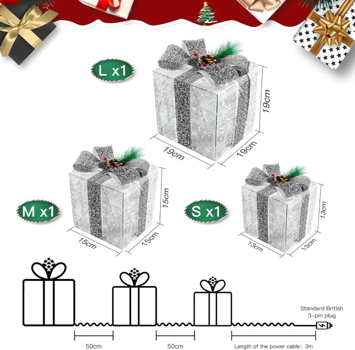 Ollny Light Up Present Boxes Cool White for Christmas(60 LED, 3 Sets, Plug in, 8 Modes)