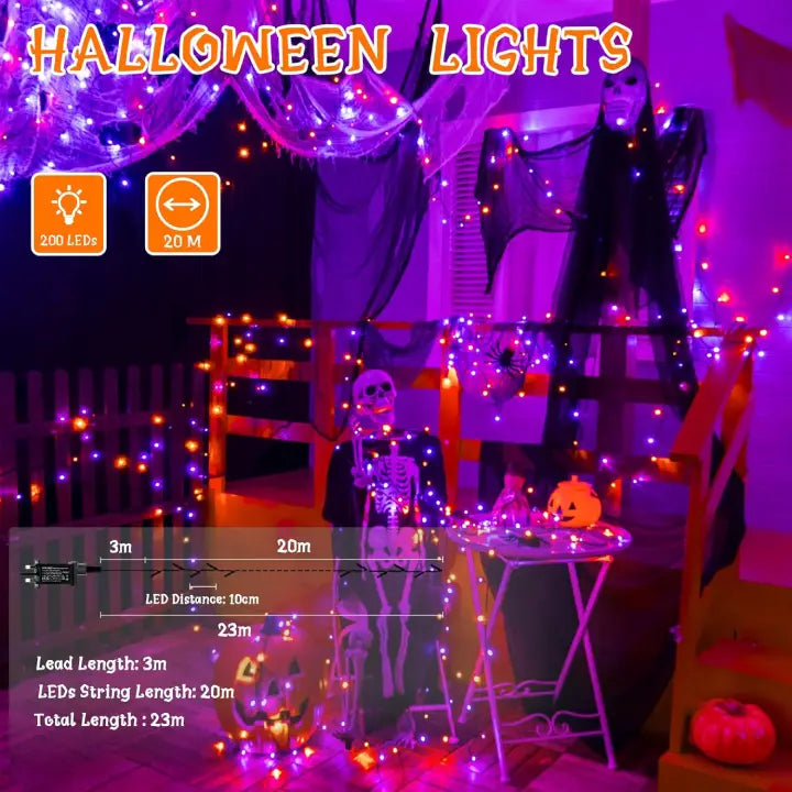 Ollny 200 LED 20m Halloween String Lights (Purple and Orange, Green Cable, Plug in, 8 Modes)