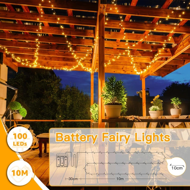 Ollny Warm White Fairy Lights 10m 100 LED(Green Cable, IP44 Waterproof, Battery Powered, 8 Modes)