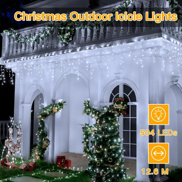 Ollny 504 LED 12.6m Cool White Christmas Icicle Lights (Clear Cable, Plug in, 8 Modes)
