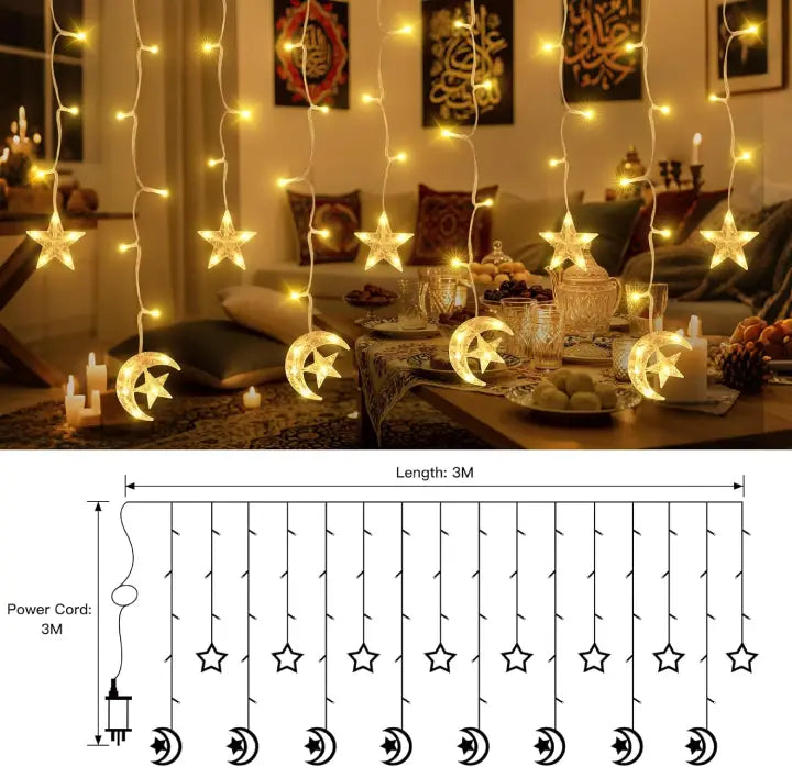 Ollny Moon Star Ramadan Fairy Lights Warm White (Plug in, IP44 Waterproof, 8 Modes)