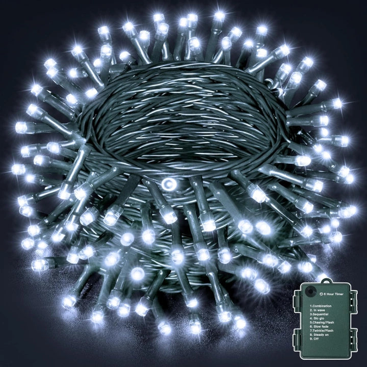 Ollny Cool White Fairy Lights 10m 100 LED(Green Cable, IP44 Waterproof, Battery Powered, 8 Modes)