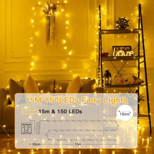 Ollny 150 LED Warm White Battery Operated Christmas Fairy Lights (Clear Cable, IP44 Waterproof)