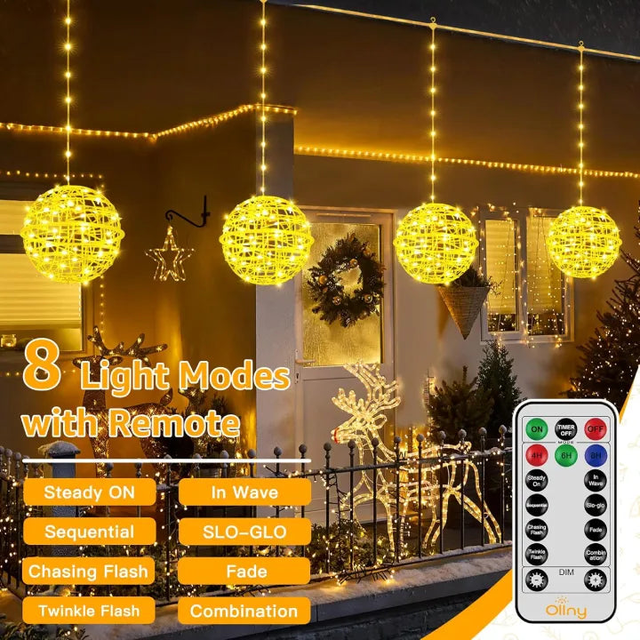 Ollny Christmas Ball Lights 4 Packs Warm White (Connectable, Plug in, IP67 Waterproof, 8 Modes)