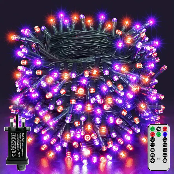 Ollny 200 LED 20m Halloween String Lights (Purple and Orange, Green Cable, Plug in, 8 Modes)