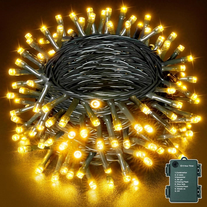 Ollny Warm White Fairy Lights 10m 100 LED(Green Cable, IP44 Waterproof, Battery Powered, 8 Modes)