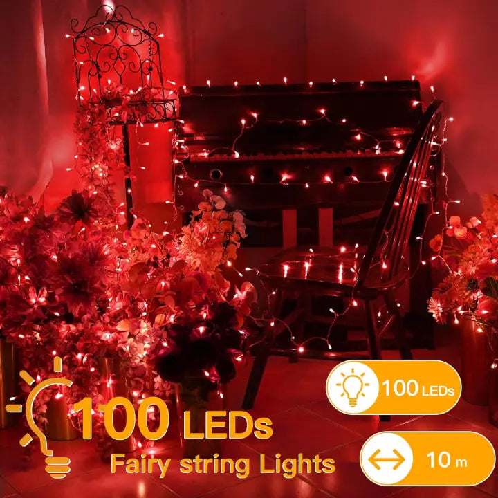 Ollny 100 LEDs 10m Halloween Red String Lights (Clear Cable, 8 Modes)