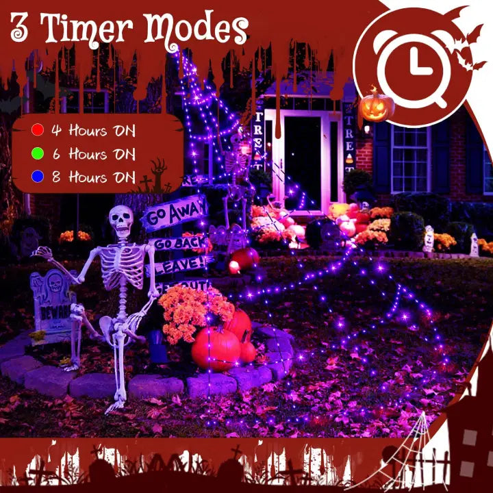Ollny Purple Halloween Spider Web Lights 266 LED 3m (Black Cable, IP67 Waterproof, Plug in, 8 Modes)