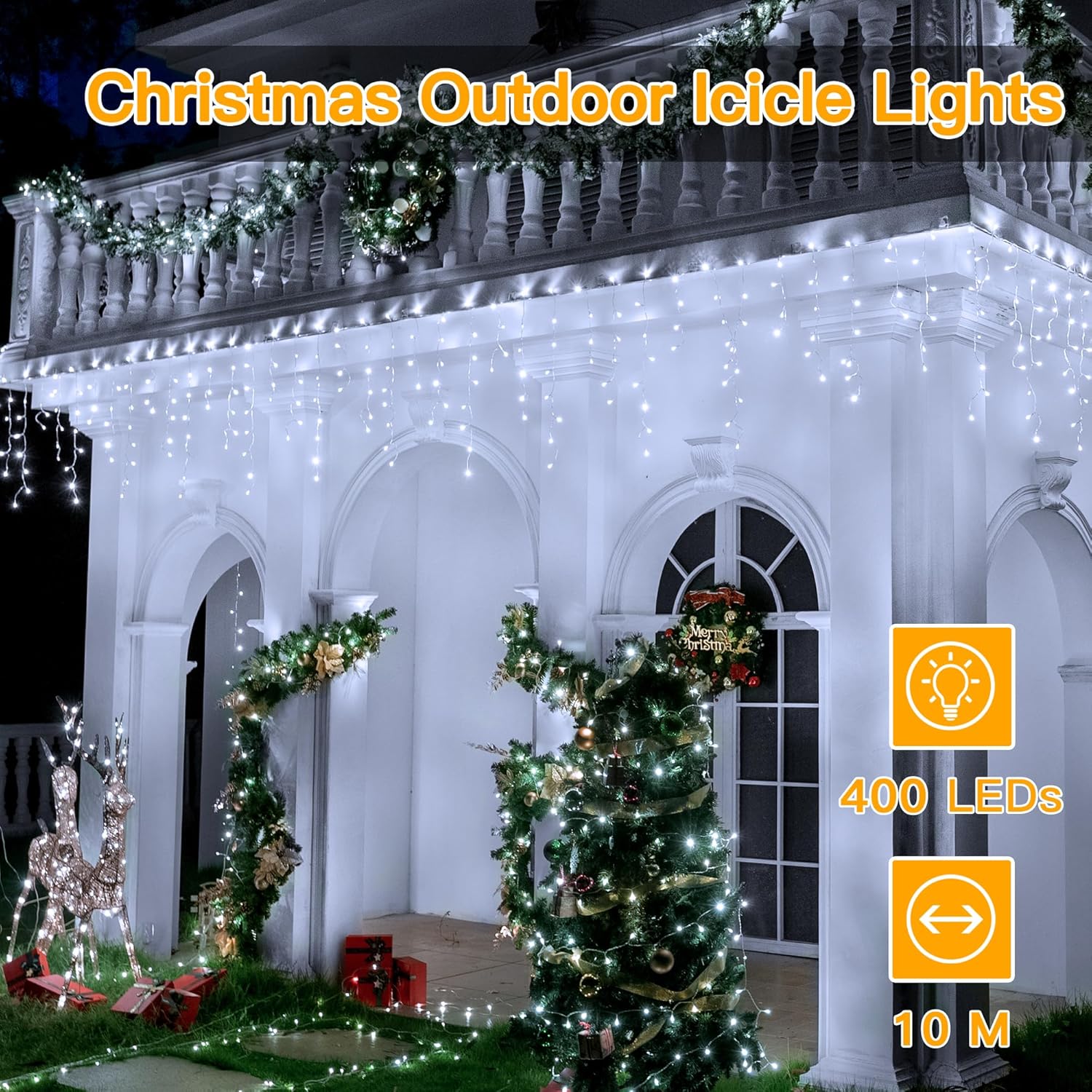 Ollny 400 LEDs 10m Outdoor Christmas Icicle  Lights (Cool White, Clear Cable, Connectable, 8 Modes)