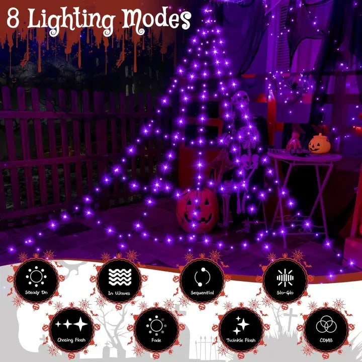Ollny Purple Halloween Spider Web Lights 266 LED 3m (Black Cable, IP67 Waterproof, Plug in, 8 Modes)