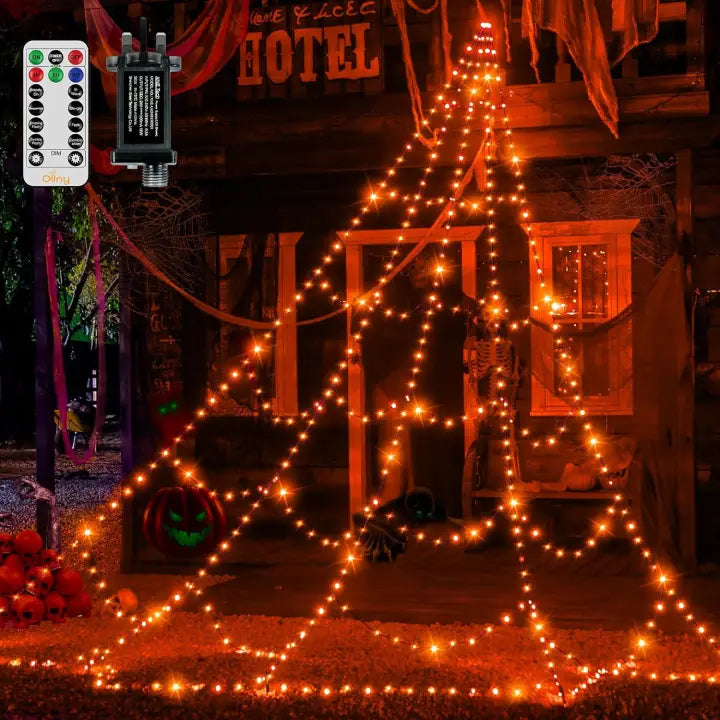 Ollny Orange Halloween Spider Net Lights 454 LED 5m (Black Cable, IP67 Waterproof, Plug in, 8 Modes)