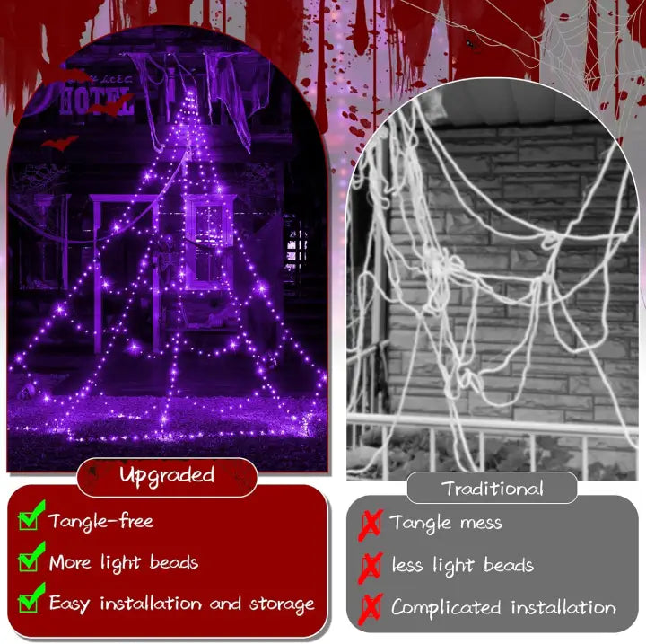 Ollny Purple Halloween Spider Web Lights 266 LED 3m (Black Cable, IP67 Waterproof, Plug in, 8 Modes)