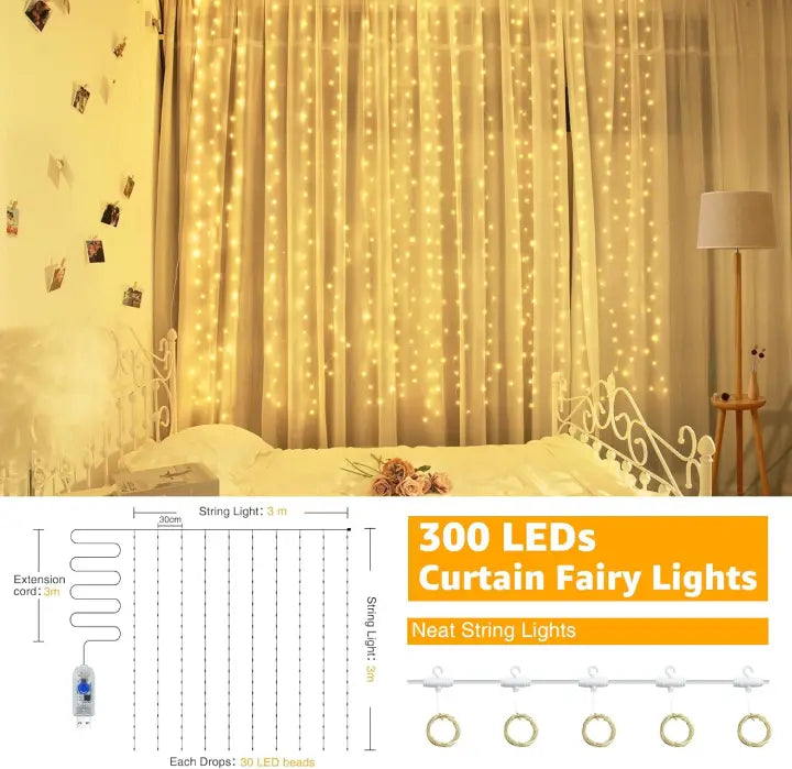 Ollny 300 LED 3m*3m USB Curtain Fairy Lights With Hooks Warm White