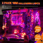 Ollny Orange and Purple Halloween String Lights 100 LED 10m (2 Packs, Green Cable, IP44 Waterproof, Battery Operated, 8 Modes)