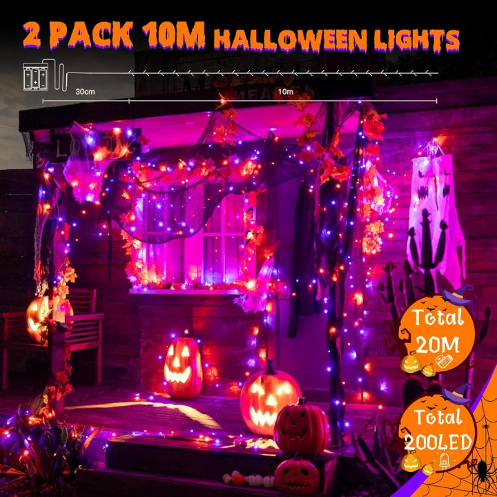 Ollny Orange and Purple Halloween String Lights 100 LED 10m (2 Packs, Green Cable, IP44 Waterproof, Battery Operated, 8 Modes)