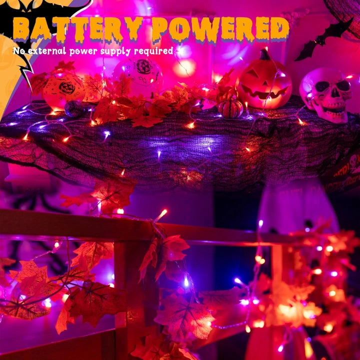 Ollny Orange and Purple Halloween String Lights 100 LED 10m (Clear Cable, IP44 Waterproof, Battery Operated, 8 Modes)
