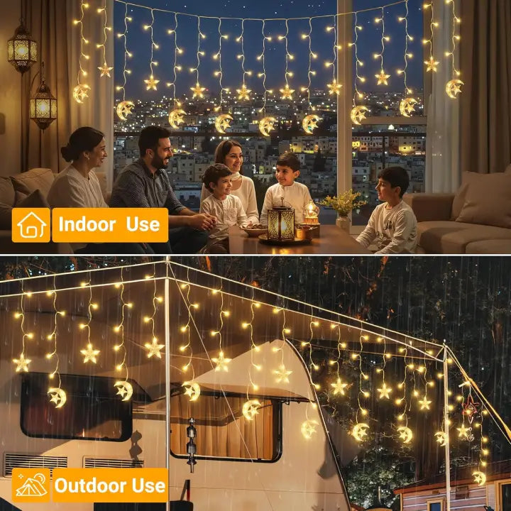 Ollny Moon Star Ramadan Fairy Lights Warm White (Plug in, IP44 Waterproof, 8 Modes)